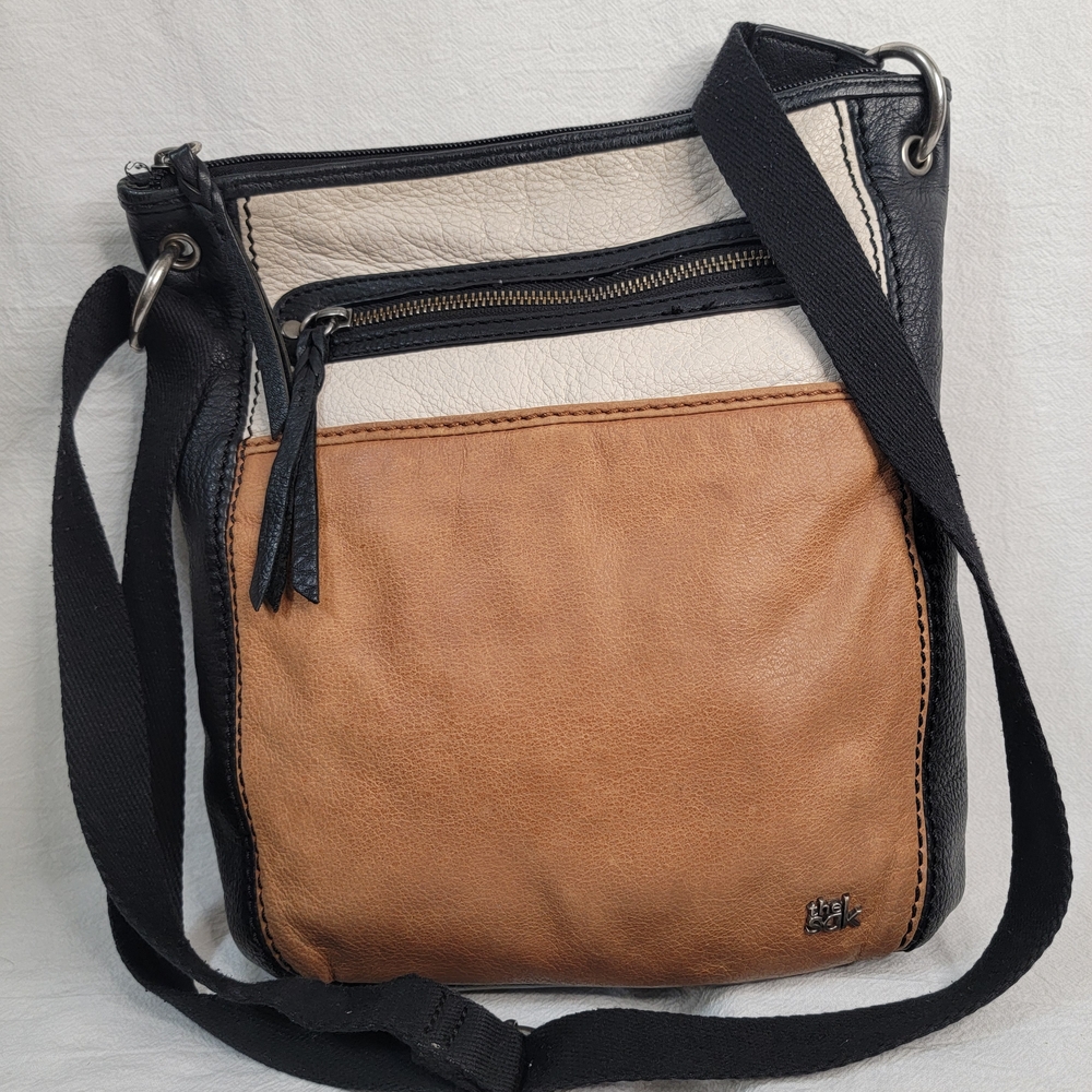The SAK Tri-Tone Leather Crossbody Bag Boho Colorblock Black Brown Cream Vintage